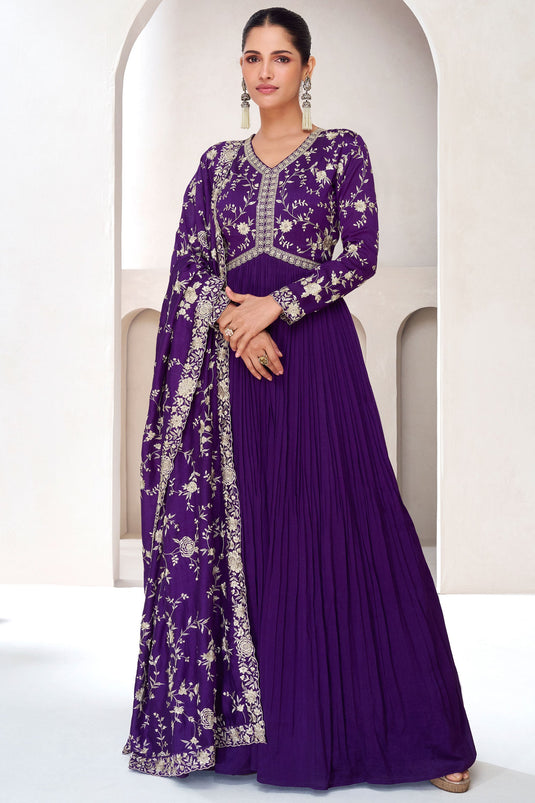 Vartika Singh Glorious Purple Color Silk Readymade Gown With Dupatta