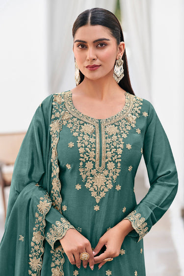 Cyan Floral Embroidered Sharara Suit