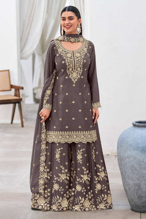 Heavy Embroidered Grey Sharara Salwar Suit