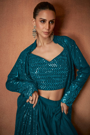 Georgette Fabric Teal Readymade Palazzo Set With Designer Blouse And Jacket