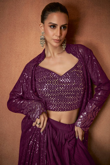 Sequins Work Wine Readymade Palazzo Set With Designer Blouse And Jacket For Sangeet Wear