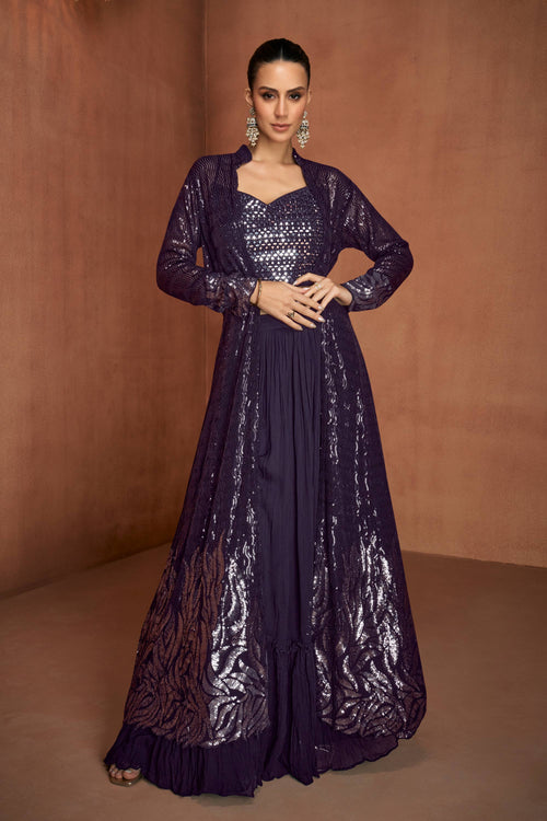 Georgette Fabric Purple Readymade Palazzo Set With Designer Blouse And Jacket