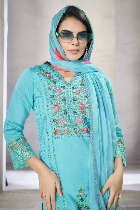 Viscose Fabric Festive Wear Wondrous Salwar Suit In Sky Blue Color