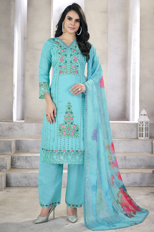 Viscose Fabric Festive Wear Wondrous Salwar Suit In Sky Blue Color