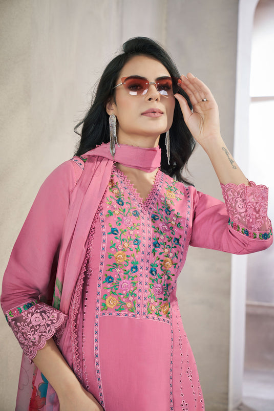 Festive Wear Viscose Fabric Pink Color Classic Salwar Suit