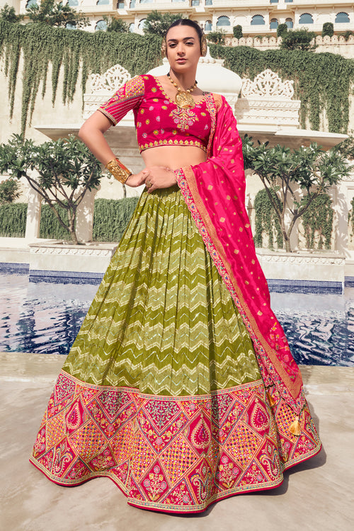 Embroidered Green Sangeet Wear Lehenga Choli In Organza Fabric