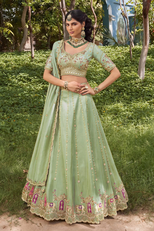 Sea Green Embroidered Tissue Wedding Wear Lehenga Choli