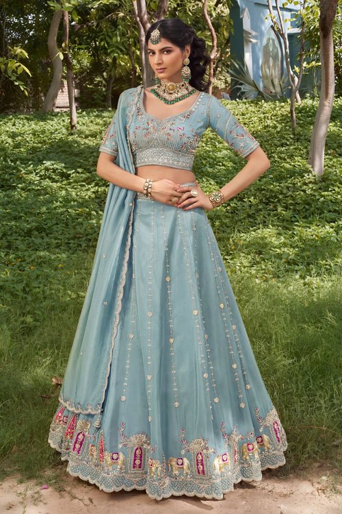 Embroidered Sky Blue Sangeet Wear Lehenga Choli In Tissue Fabric