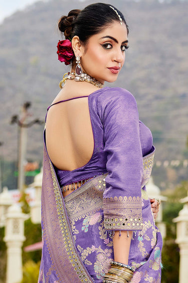 Purple Viscose Silk Wedding Function Zarkan Work Saree