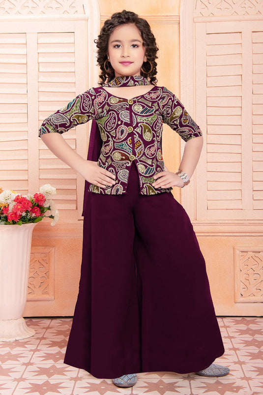 Georgette Wine Color Reception Wear Embroidered Kids Readymade Palazzo Style Sharara Suit