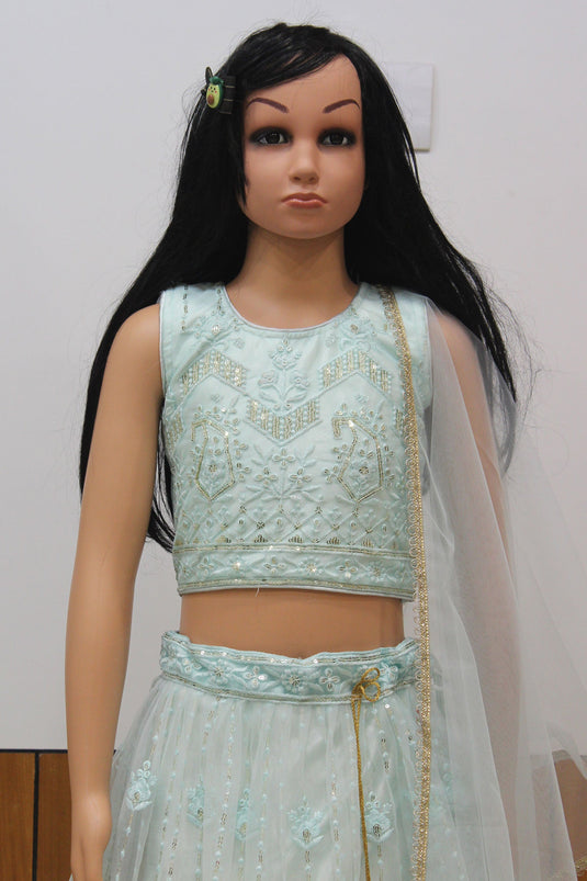 Light Cyan Color Net Fabric Function Wear Embroidered Kids Readymade Lehenga Choli