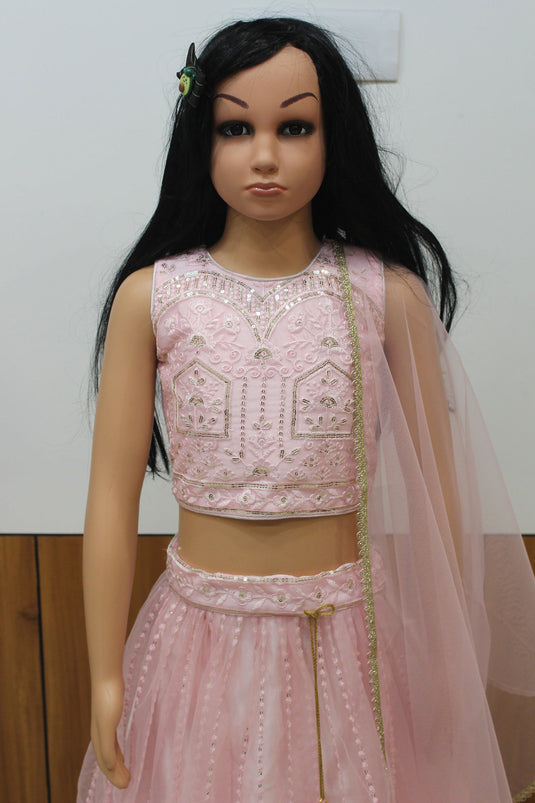 Net Engaging Pink Color Festive Wear Embroidered Kids Readymade Lehenga Choli