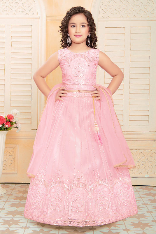 Net Engaging Pink Color Festive Wear Embroidered Kids Readymade Lehenga Choli