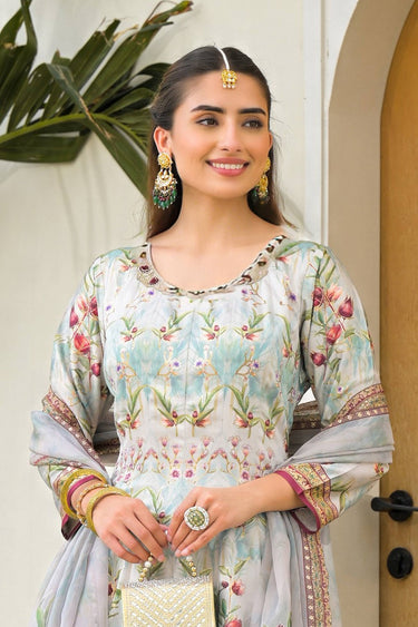 Art Silk Digital Printed Sky Blue Readymade Anarkali Style Salwar Suit For Festive Wear