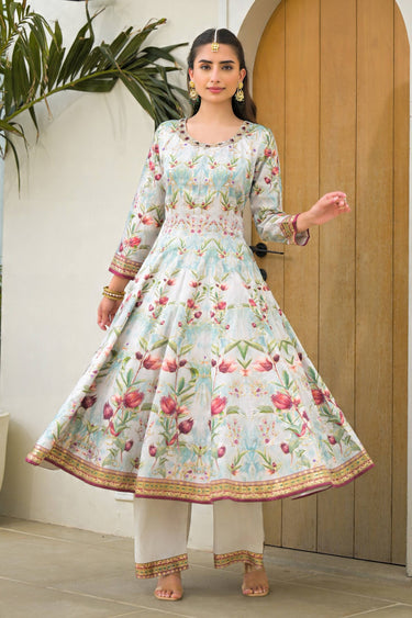Art Silk Digital Printed Sky Blue Readymade Anarkali Style Salwar Suit For Festive Wear