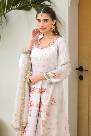 Off White Festive Wear Art Silk Digital Printed Readymade Anarkali Style Salwar Suit With Duppata