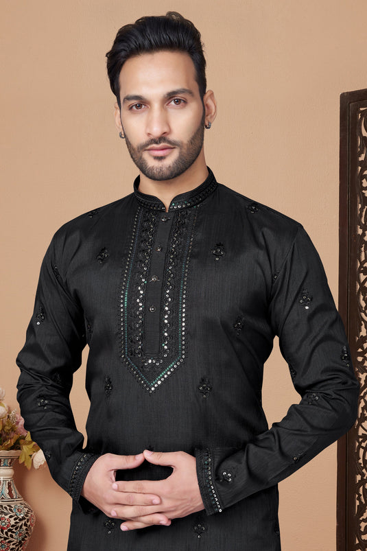 Radiant Function Wear Black Color Art Silk Fabric Readymade Kurta Pyjama