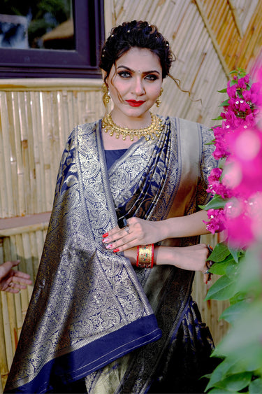 Excellent Banarasi Silk Navy Blue Color Saree With Weaving Work
