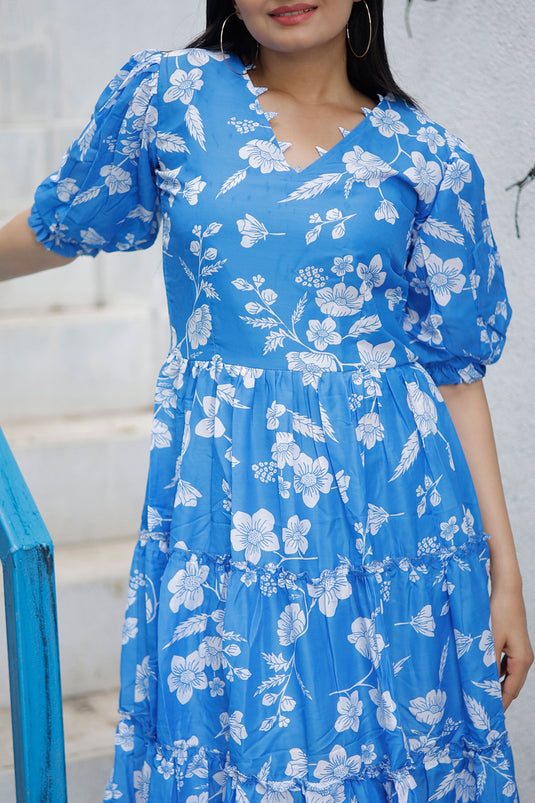 Blue Color Enthralling Digital Printed Readymade One Piece In Muslin Fabric