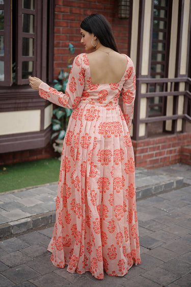 Printed Chanderi Fabric Peach Readymade Gown For Function Wear