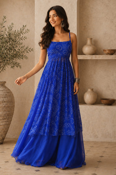 Blue Georgette Bandhani Print Kurti With Bottom