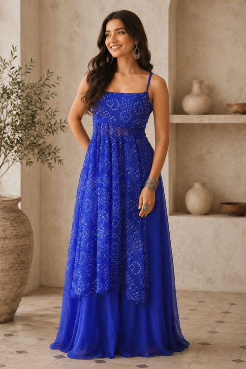 Blue Georgette Bandhani Print Kurti With Bottom