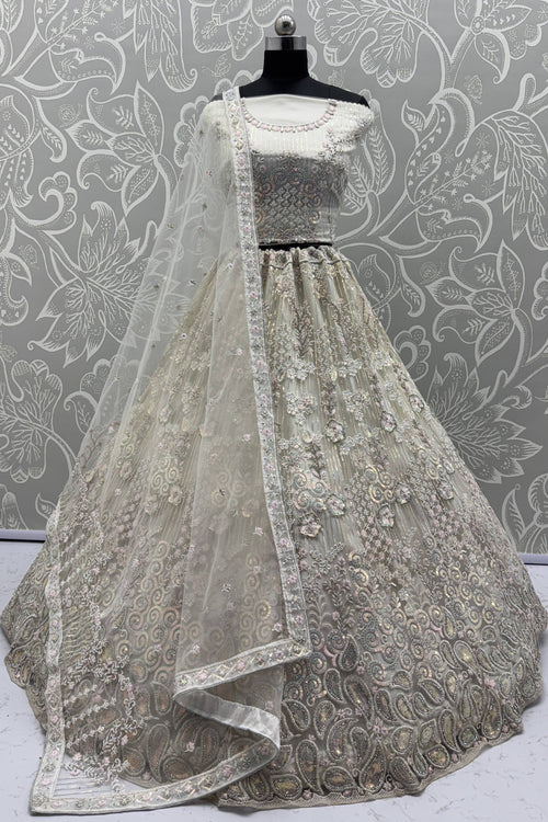 Net Fabric Bridal Lehenga Choli In White Color