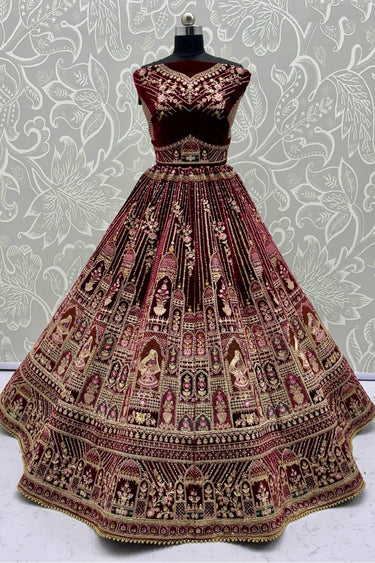 Maroon Velvet Heavy Embroidered Bridal Lehenga Choli