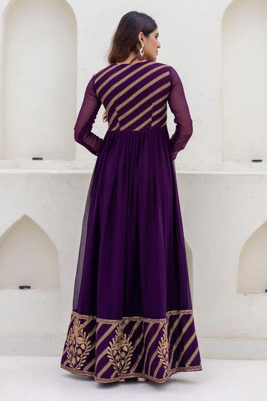 Party Wear Embroidered Georgette Purple Anarkali Gown With Dupatta