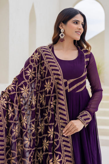 Party Wear Embroidered Georgette Purple Anarkali Gown With Dupatta