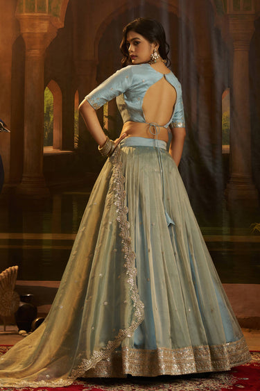 Sequins Work Art Silk Cyan Wedding Wear Lehenga Choli