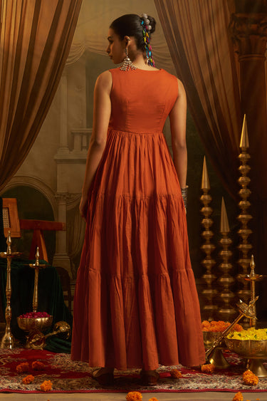 Vibrant Rust Mul Cotton Hand Work Designer Gown For Women