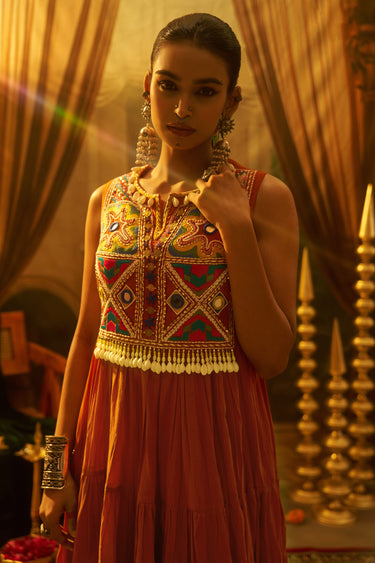 Vibrant Rust Mul Cotton Hand Work Designer Gown For Women