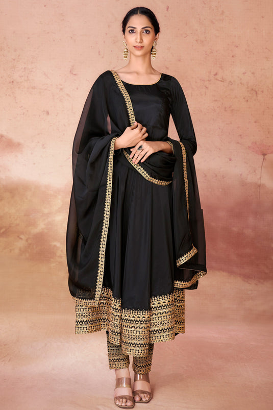 Entrancing Georgette Fabric Readymade Anarkali Suit In Black Color With Embroidered Work