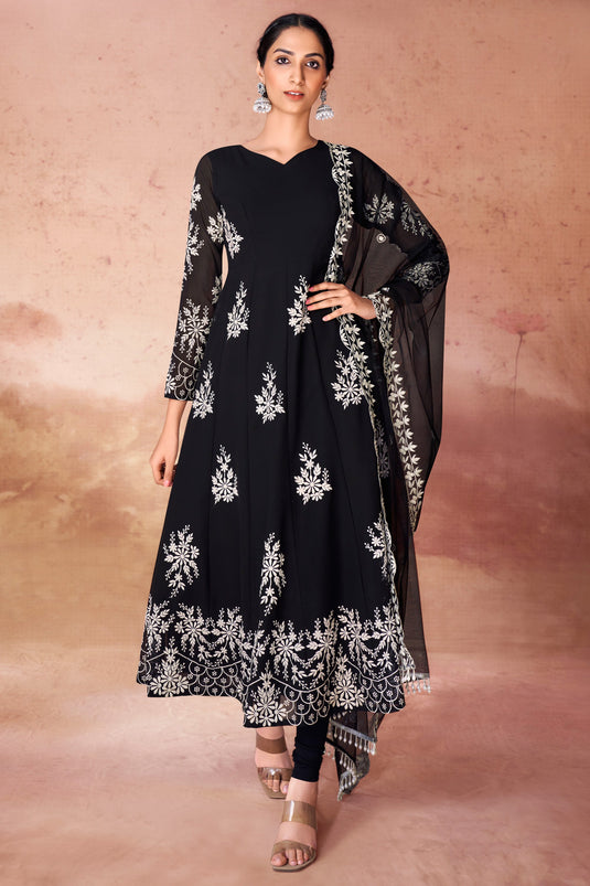Charming Black Color Georgette Fabric Readymade Embroidered Anarkali Suit