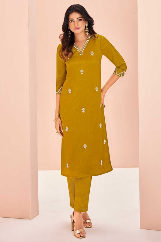 Excellent Chinon Fabric Mustard Color Kurti With Bottom