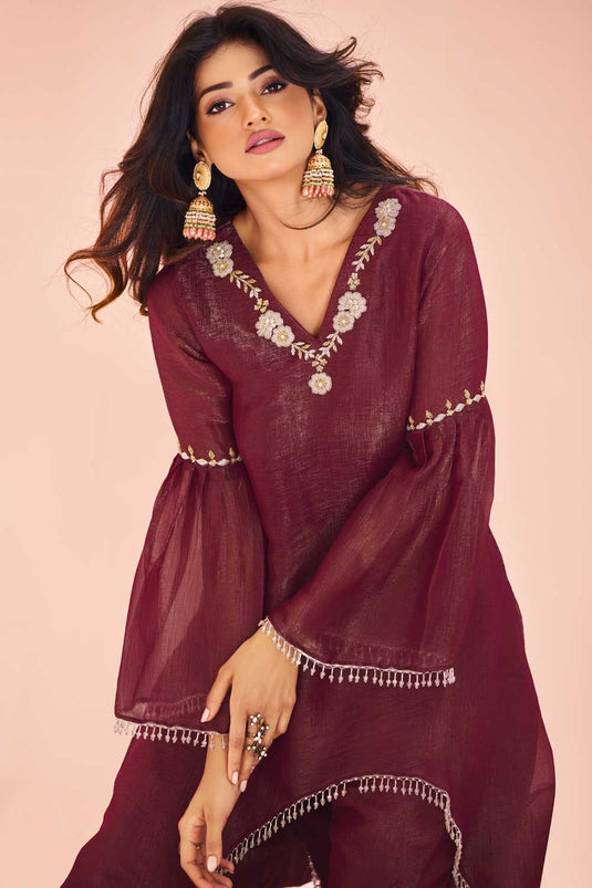 Tempting Organza Fabric Maroon Color Kurti With Bottom