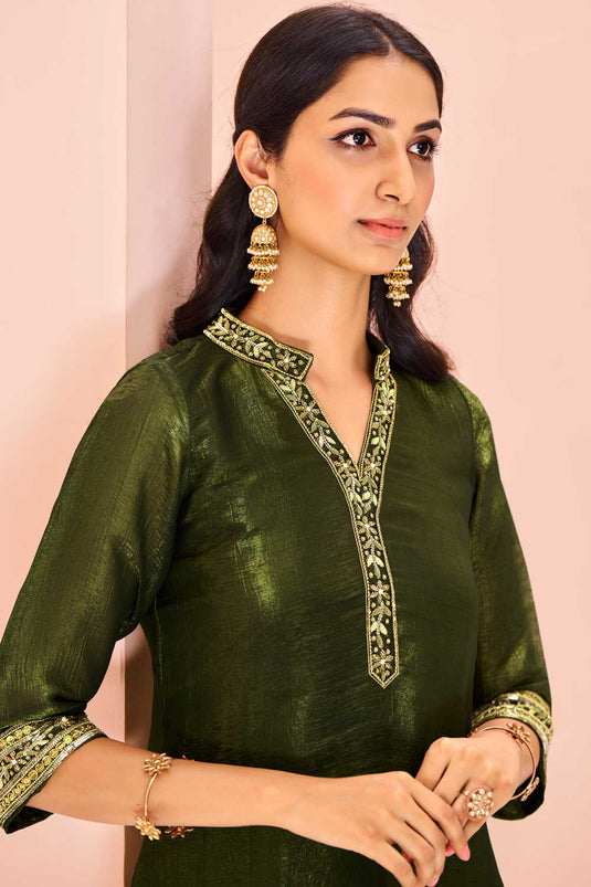 Engaging Olive Color Organza Fabric Kurti With Bottom