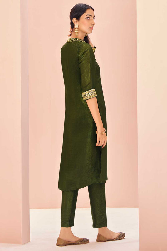 Engaging Olive Color Organza Fabric Kurti With Bottom