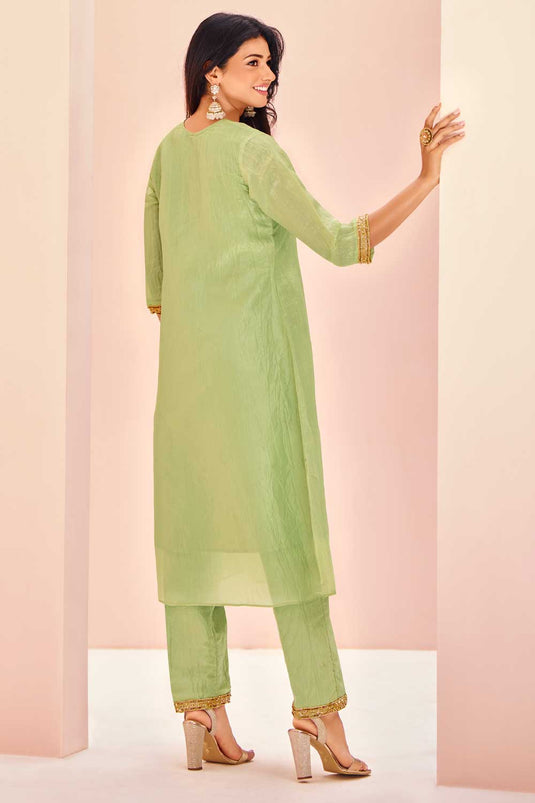 Marvellous Organza Fabric Kurti With Bottom In Sea Green Color