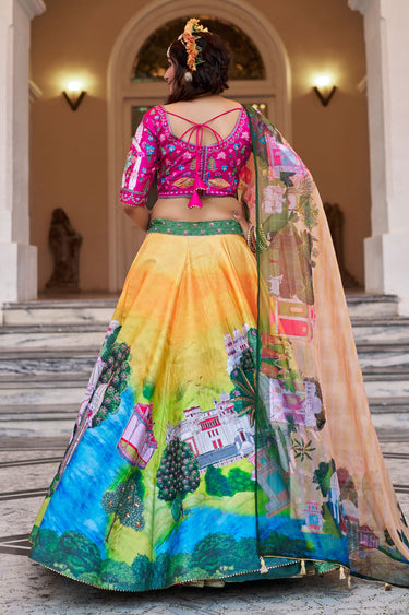 Sapphire Yellow Art Silk Printed Hand Work Wedding Lehenga Choli