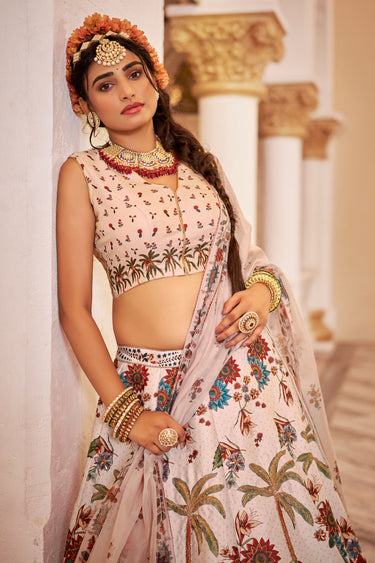 Off White Art Silk Printed Hand Work Lehenga Choli