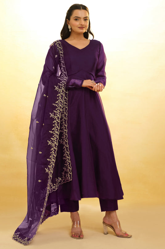 Purple Color Fascinating  Embroidered Organza Readymade Salwar Suit