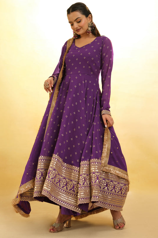 Charismatic Embroidered Georgette Readymade Salwar Suit In Purple Color