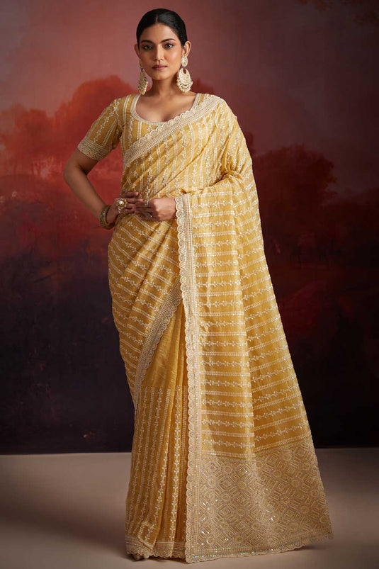 Organza Fabric Captivating Mustard Color Sequins Work Saree