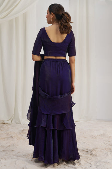 Wine Organza Readymade Ruffled Saree