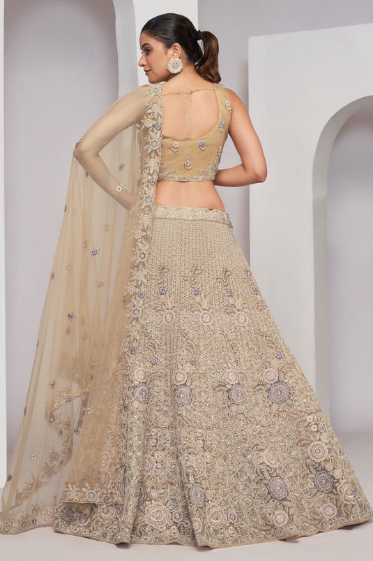 Incredible Sequins Work On Net Fabric Beige Color Lehenga