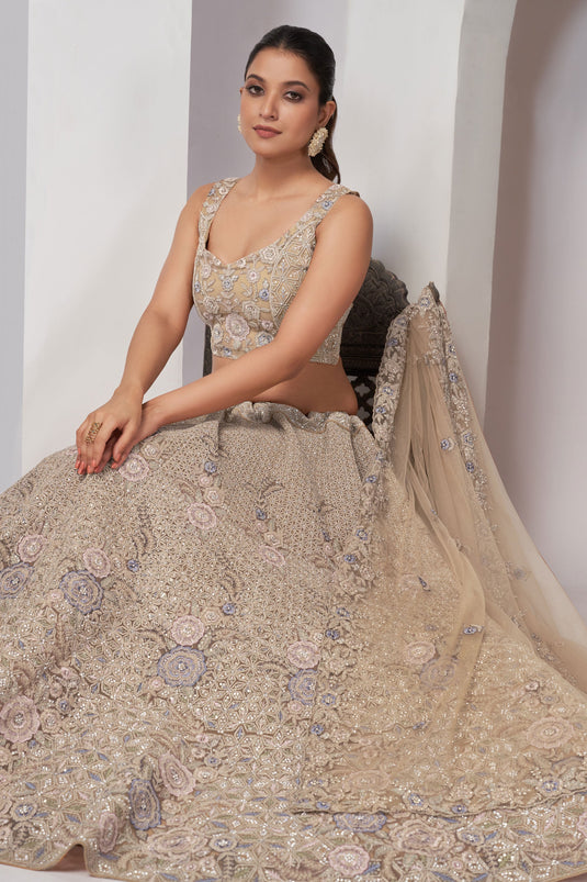 Incredible Sequins Work On Net Fabric Beige Color Lehenga