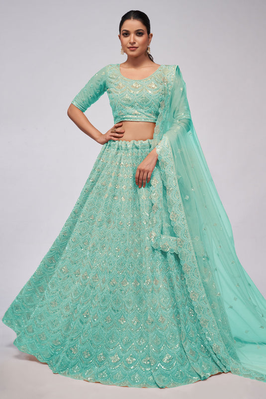 Graceful Net Fabric Sea Green Color Lehenga With Sequins Work