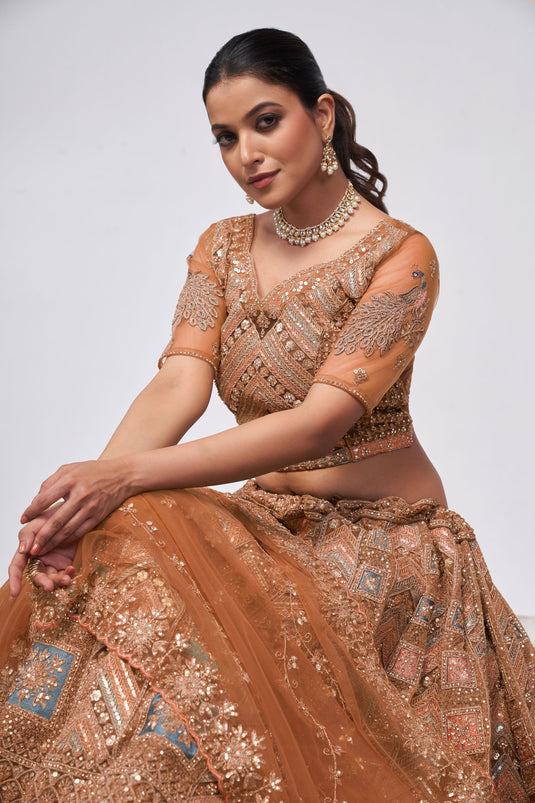 Solid Net Fabric Sequins Work On Lehenga In Brown Color